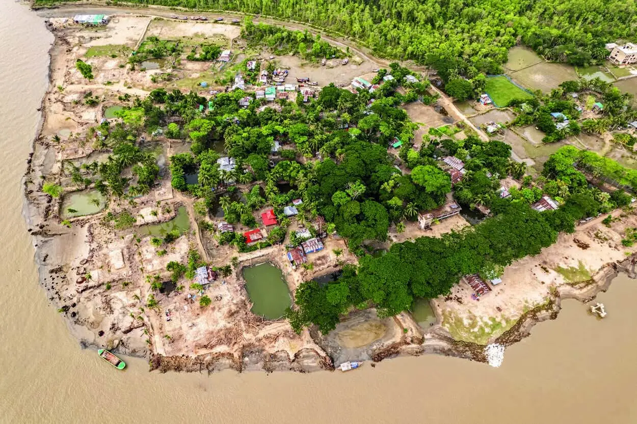 Aerial view of a char island with homes and fields